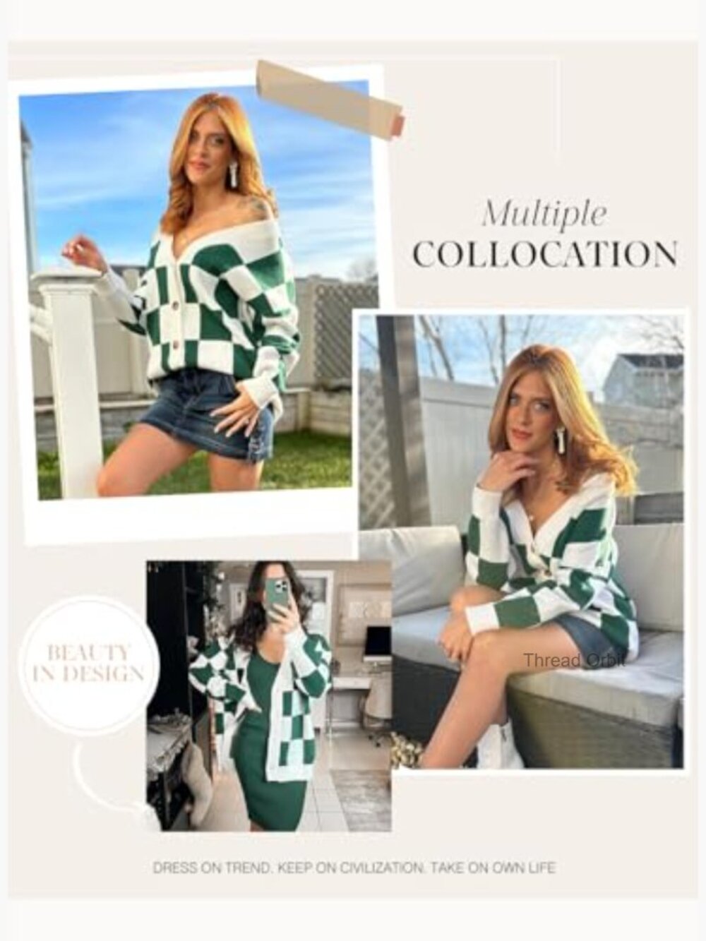 Oversized Cable Knit Cardigan Plaid V-Neck Button Down Long Sleeve - Picture 5 of 7